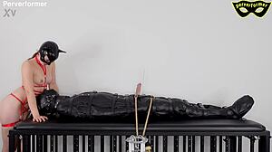 femdom binds lactating slave for double milking machine ejaculations