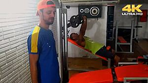 Gym boys stuff brazilian milf's big tits pussy with creampie
