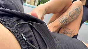 skinny latina tattooed cutie gives public pov blowjob footjob outdoors