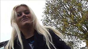 Blonde jakki flashes shaved pussy and lingerie from her car outdoors