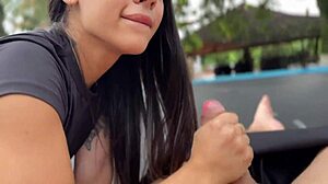skinny latina tattooed cutie gives public pov blowjob footjob outdoors