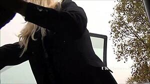 Blonde jakki flashes shaved pussy and lingerie from her car outdoors