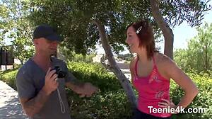 Petite teen's tight shaved pussy lips stretched by monster cock