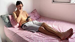 Skinny Brazilian teen's shaved pussy pounded hard by tutor in sheer red lingerie