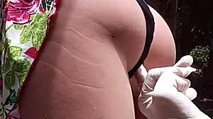 she hits home from street and immediately sucks her sex toy dick