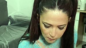 pigtails brunette spits junk food on big ass natural tits fetish play