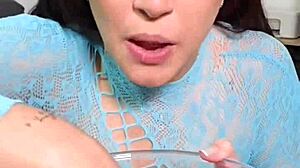 pigtails brunette spits junk food on big ass natural tits fetish play