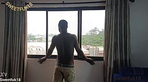 Sexy ebony latina charges phone but her shaved pussy tempts me outdoors