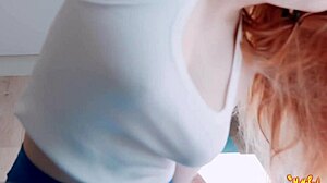 Redhead Stepsister's Sloppy Blowjob and Big Natural Tits in Sports Training