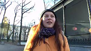 She strips jeans after sweaty walk, revealing hairy pussy.