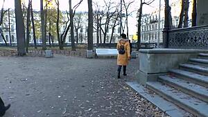 She strips jeans after sweaty walk, revealing hairy pussy.