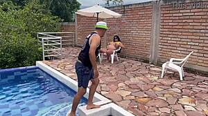 Horny Pool Guy Fucks Pregnant Latina Boss Deepthroat Outdoors