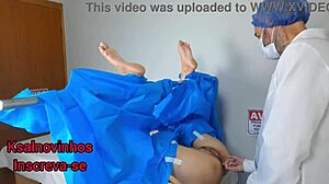 gynocologist fingers redhead patient's wet pussy in uniform