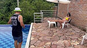Horny Pool Guy Fucks Pregnant Latina Boss Deepthroat Outdoors