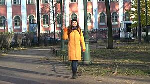 She strips jeans after sweaty walk, revealing hairy pussy.