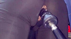 crossdresser assfucked by machine in tight short leggings cumshot