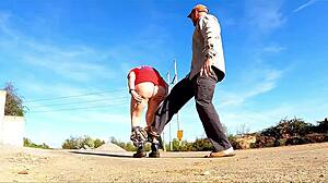 Curvy housewife's miniskirt pantsed for public ass worship humiliation