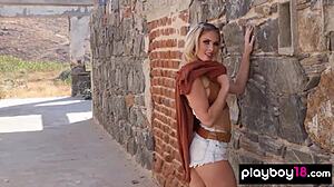 big boobed aussie blondie rebekah cotton strips naked outdoor posing her shaved pussy