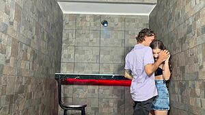 he fucks the busty waitress hard right in the restaurant