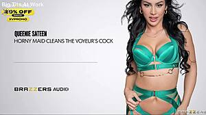 horny maid queenie sateen worships voyeur's huge cock!