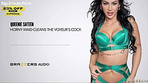 horny maid queenie sateen worships voyeur's huge cock!