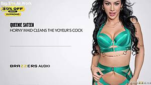 horny maid queenie sateen worships voyeur's huge cock!