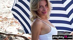 Petite Eva Tali Strips NAKED Beach Sunbath!