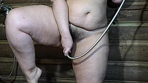hairy curvy milf pawg masturbates plump wet pussy in shower