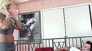 beauty blonde milf's big fake tits tempt classmate into secret creampie ride