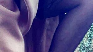 Hairy euro babe flashes pierced clit pussy in forest with vibrator