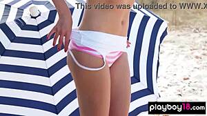 Petite Eva Tali Strips NAKED Beach Sunbath!