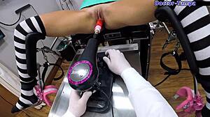 Dr Tampa's latex-gloved human guinea pigs spread shaved pussies backstage