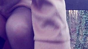 Hairy euro babe flashes pierced clit pussy in forest with vibrator