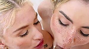 Petite blonde sisters share double blowjob pov