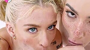 Petite blonde sisters share double blowjob pov