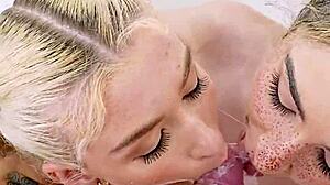 Petite blonde sisters share double blowjob pov