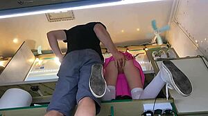 Boss fingers my wet shaved pussy while customer chats