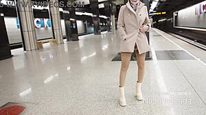 Nude milf flashes bare body under open coat