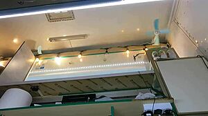 Boss fingers my wet shaved pussy while customer chats