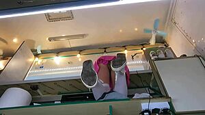 Boss fingers my wet shaved pussy while customer chats