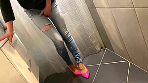 DESPERATE PEE IN JEANS! then ass pee and sloppy blowjob