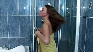 Gala and Efrem's steamy dorm shower with big natural tits