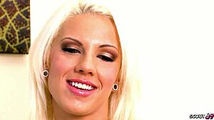 Blonde bombshell's huge-boobed bounce in first casting with muscled stud's monster cock!