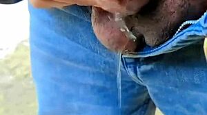 Naked walking turns into public flashing on beach and street with small cock