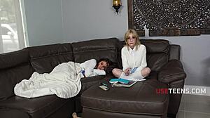 cute stepdaughter moans riding stepdad's cock to distract him desperately