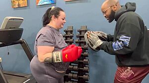 Bbw chubby brunette deepthroats fitness instructor's huge cock with big saggy natural tits bouncing