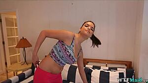 maid cleans seductively in bra and panties, craving more dirty touches