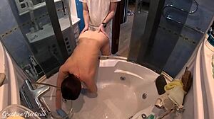 Brunette Gets Doggystyled in Bath While Cleaning Tub