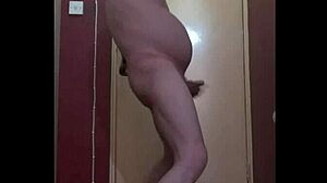 Naked bisexual cums from anal hook then licks it up