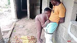 electrician pounds boss lady outdoors by factory house